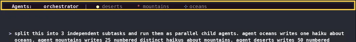 The Agents: tab bar in the Warp Agent CLI, showing the orchestrator tab and three child agent tabs with status glyphs